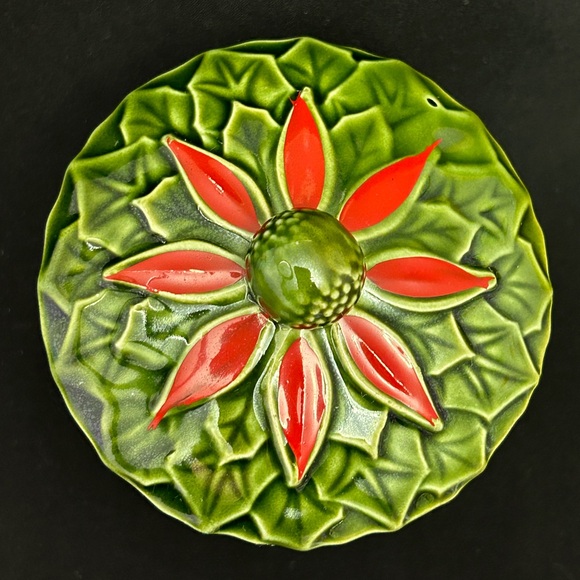 Vintage Enesco Green Poinsettia Christmas Bowl with Lid Sugar/Candy/Cookie/Nut - Picture 2 of 8